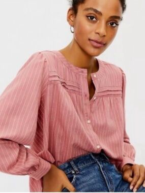 LOFT 100% Cotton Lightweight Blouse Size L Pink Striped Button Front Airy Top